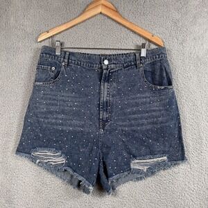 Gee Gee MiMi Rhinestone Shorts Womens 1XL Blue Denim Distressed High Rise Plus
